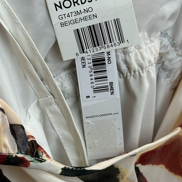 Maggie London Long Sleeve Abstract Leaf Print Belted Midi Dress - Beige - size 8 - Picture 6 of 9